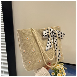 Borsa tote in paglia con ricamo a margherita, manici in corda e un fiocco a pois