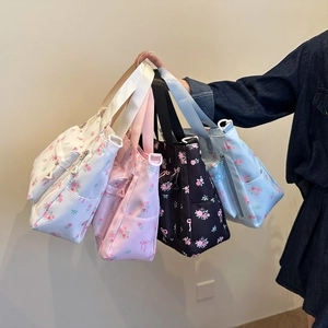 Mori Style Floral Tote Bag For Women Large Capacity Shoulder Bag With Bow Ribbon Print Nylon Canvas Crossbody Handbag