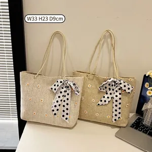 Borsa Tote in Paglia Intrecciata Estiva Donna Ricamo Margherita Borsa a Spalla Con Fiocco in Raso a Pois Borsa da Spiaggia