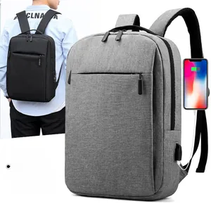 Detail view of water-resistant laptop backpack with integrated USB charging port