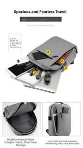 Detailed view of grey backpack interior compartments and organized storage capacity