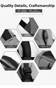 Detail view of reinforced stitching, USB port and breathable mesh straps on grey backpack