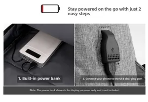 Detailed view of the internal USB charging port and wiring inside the grey fabric backpack