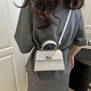 Chic silver sparkly mini Kelly bag with gold twist lock for crossbody or hand carry