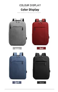 Collage of casual business backpacks in grey, red, navy, and black with USB ports