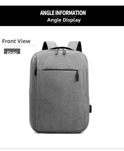 Detail view of grey business backpack with integrated external USB charging port interface