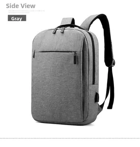 Side view of grey business backpack with external USB charging port and breathable mesh straps