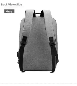 Detailed back view of a grey casual backpack featuring USB port and adjustable straps