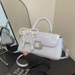 Sac Carré Doux en Cuir PU Verni Avec Boucle G en Strass Pendentif Nœud en Dentelle Künstliche Perle Sac à Main Bandoulière Femme