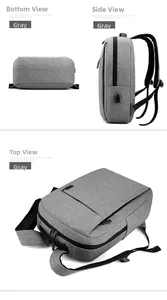 Detail view showing external USB charging port and grey textured fabric of the backpack