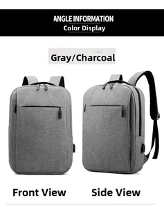 Detail of gray backpack featuring built-in USB charging port and matte fabric texture