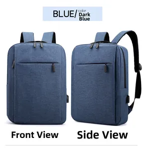 Detail of navy blue business backpack with USB charging port and sleek fabric texture