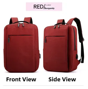 Burgundy casual backpack featuring a built-in USB charging port and textured fabric