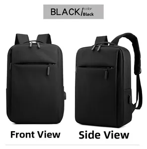 Dual view of black minimalist backpack showing front and side with USB port