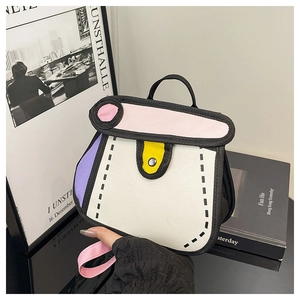 Detail of 2D cartoon style small square bag with bold black outlines and vibrant colors