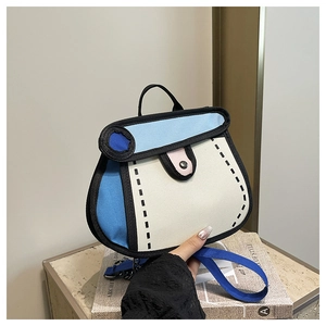 Close-up of 2D cartoon style canvas crossbody bag with bold black outlines and blue accents