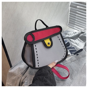 Close-up of 2D cartoon style canvas crossbody bag with vibrant contrast colors