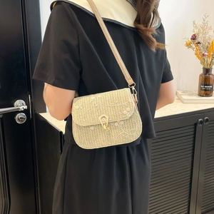 Chic beige woven crossbody square bag with green floral embroidery and gold lock