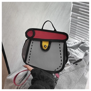 Detail of trendy 2D visual illusion crossbody bag with bold cartoon outlines and gray body