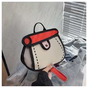 Close-up of 2D cartoon style crossbody bag with bold black outlines and vibrant colors