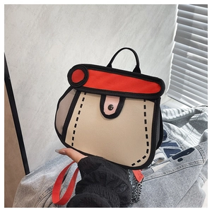 Detail shot of a 2D cartoon style beige and red crossbody bag with bold black outlines