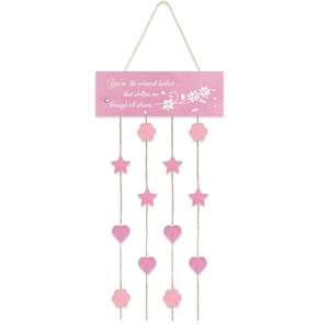 Mother's Day pink wooden wall hanging with heart and star charms on strings