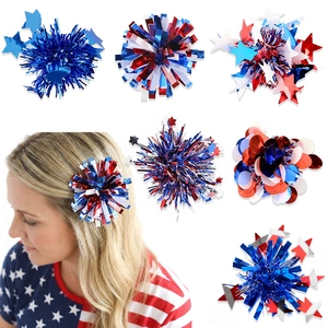 Patriotic Independence Day Tinsel Hair Clips For Women Girls Red White Blue Star Pom Pom Fireworks Hair Pins Party Props
