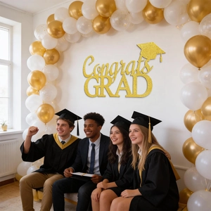 Glittery gold Congrats GRAD sign with graduation cap for festive party backdrop decor