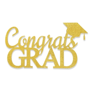 Golden glitter Congrats GRAD cake topper with mortarboard cap for graduation party decor