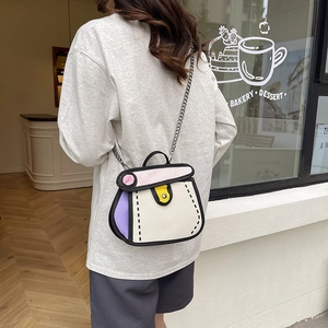 2D cartoon style crossbody bag with vibrant color blocks and silver chain strap