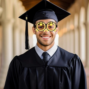 Studente laureato indossa occhiali di carta neri e oro per la festa di laurea
