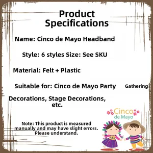 Detailed specifications of 6-piece Cinco de Mayo felt headbands for fiesta party decoration