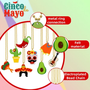 Detail of Cinco de Mayo felt charms featuring skull and chili on golden bead chain