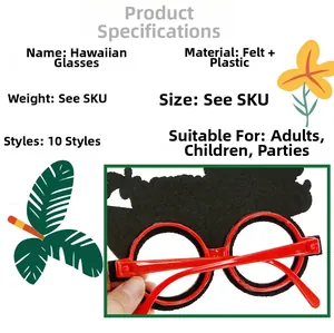 Detail view of Hawaiian party sunglasses made of felt and plastic with tropical designs