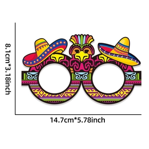 Detailed view of Mexican Fiesta paper glasses with colorful sombreros and totem bird designs