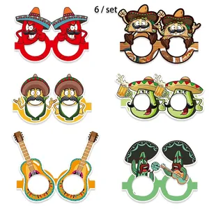 Set of 6 colorful Mexican fiesta party paper glasses with tacos and chili designs