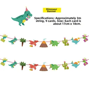Banderole de fête dinosaure avec ficelle de 3m et 9 cartes de volcans et cactus