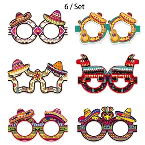 Detailed set of 6 paper glasses with Mexican Fiesta themes like sombreros and piñatas