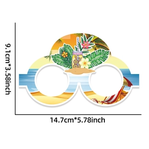 Detail view of Hawaiian paper glasses showing exact measurements for beach party props