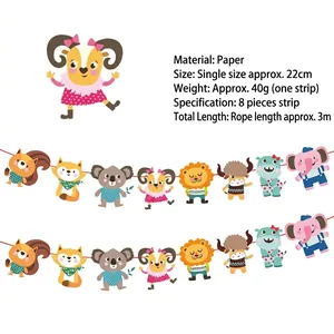 Détail de la bannière en papier avec 8 animaux mignons pour décorations de fêtes d'enfants