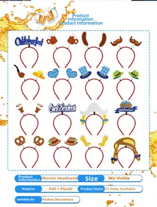 Detail view of various Oktoberfest headbands featuring beer mugs and felt hats