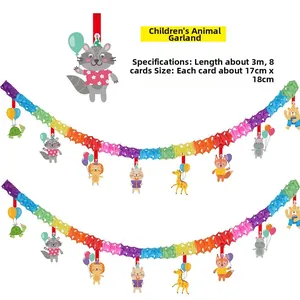 Détail de la banderole de fête animaux de 3m avec 8 motifs de dessins animés en papier