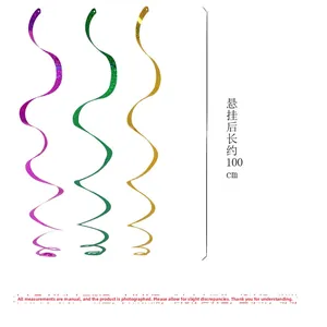 Detail of 100cm laser PET hanging swirl decorations in purple, green, and gold colors