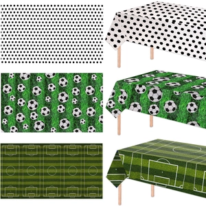 Waterproof PE soccer themed tablecloths with grass and football field patterns for parties