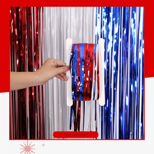 Detail of red white and blue foil fringe curtain for Independence Day party decorations