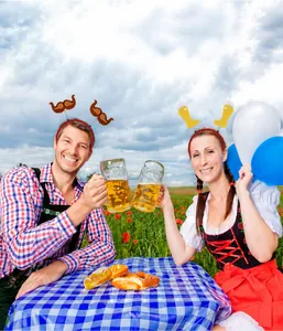 Close-up of Oktoberfest headbands with beer mug and mustache details on a model