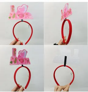 Detail view of Mother's Day headband with pink hearts, roses and I Love MOM letters