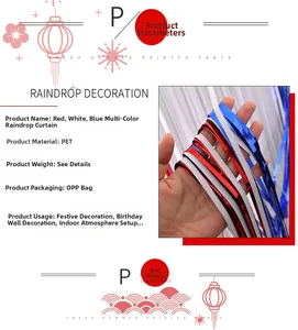 Macro detail of red, white, and blue metallic PET fringe curtains for festive party decor