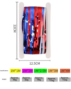 Detailed size chart for red white blue foil fringe curtain Independence Day decor