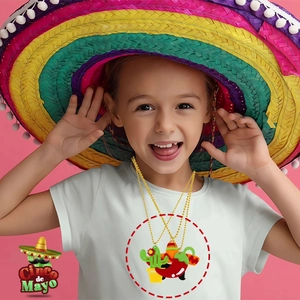Cinco de Mayo kids necklace with cactus and chili pendants on golden bead chain